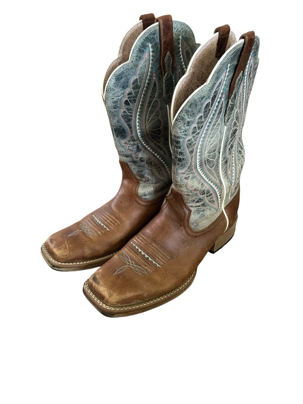 Ariat Women's Brown Blue Leather Western Boots Square Toe Pull On Mid-Calf 7b